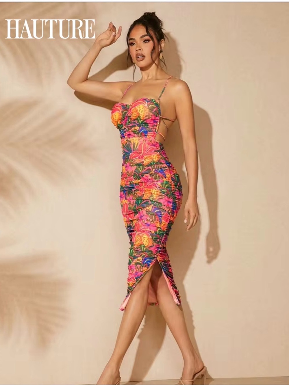 Pink Tropical Ruched Midi Dress